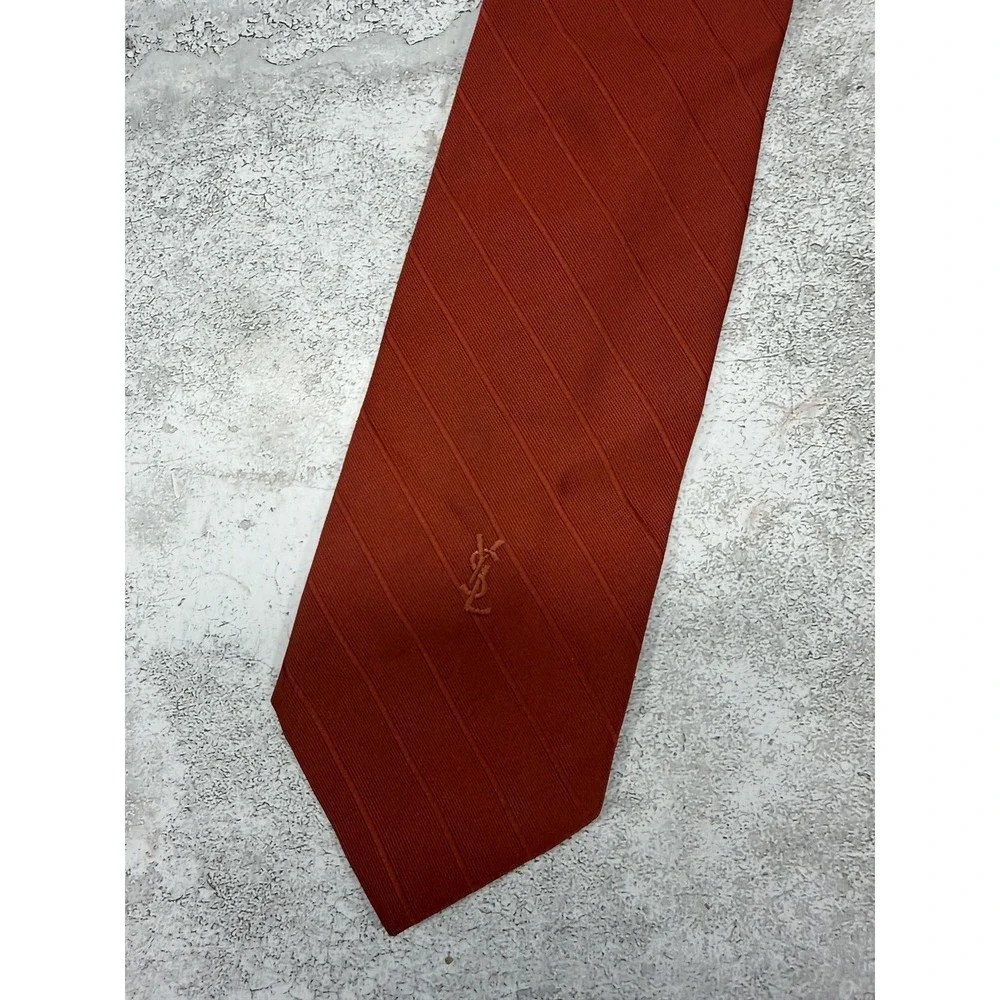 Yves Saint Laurent Tie Mens Orange 100% Silk Striped‎ Embroidered Logo One Size